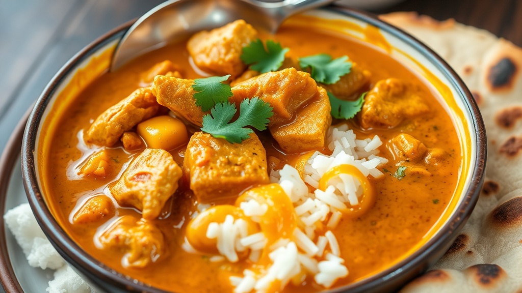 Savory Pork Curry Recipe A bowl of creamy Pork Curry with cilantro, served with rice and naan.
